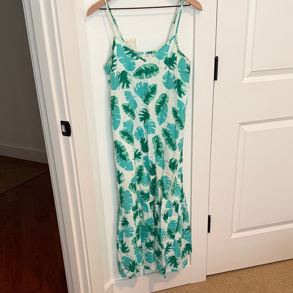 J. Crew White Slip Midi Dress with Green Leaf Print